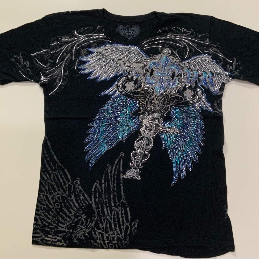 XZAVIER GOTH BLACK SHIRT ON BLUE & WHITE RHINESTONES